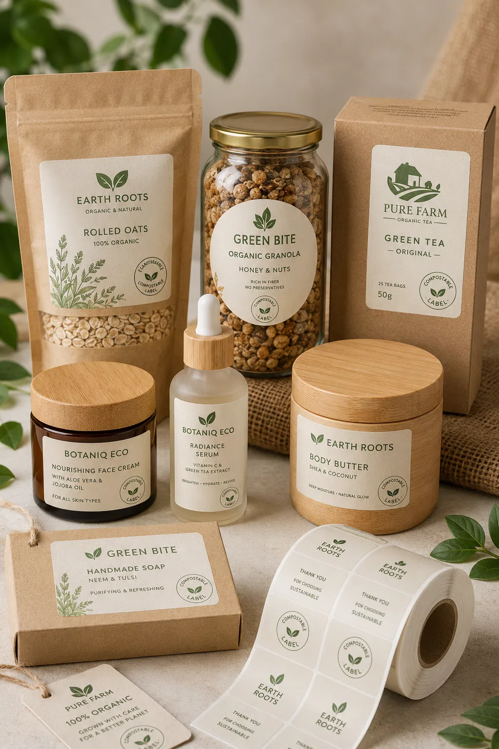 Eco-friendly compostable packaging labels made with plant-based PLA film