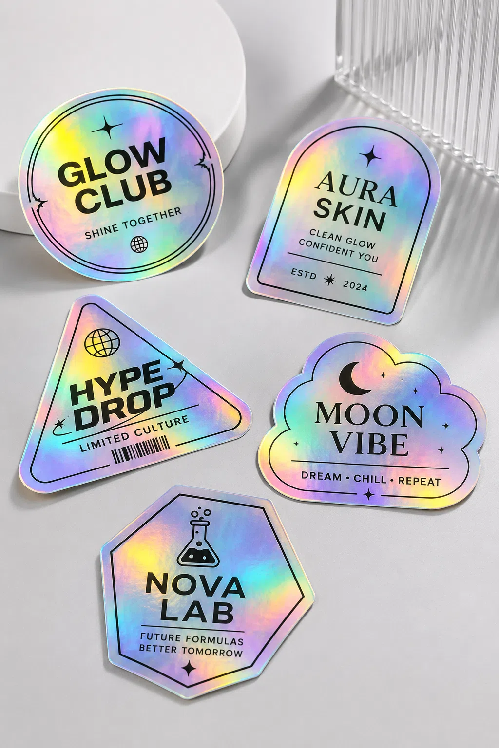 Custom holographic stickers with reflective rainbow iridescent finish