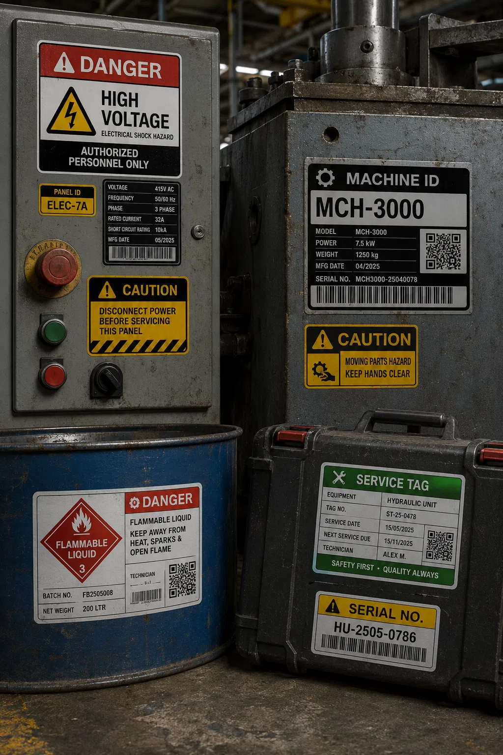 Industrial and safety warning labels for equipment and machinery