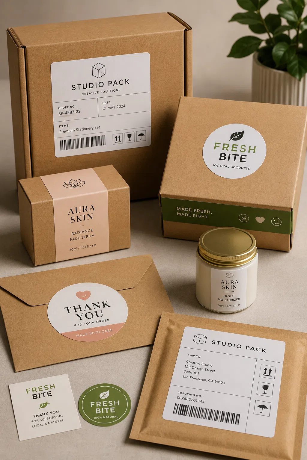 Custom paper stickers in glossy and kraft finishes for packaging