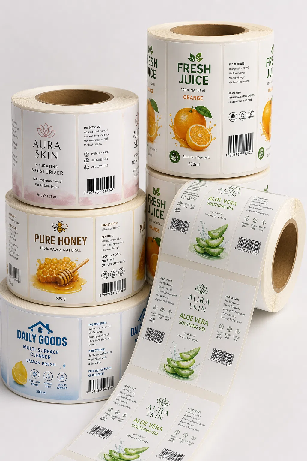 Custom roll labels printed on core for packaging and product labeling